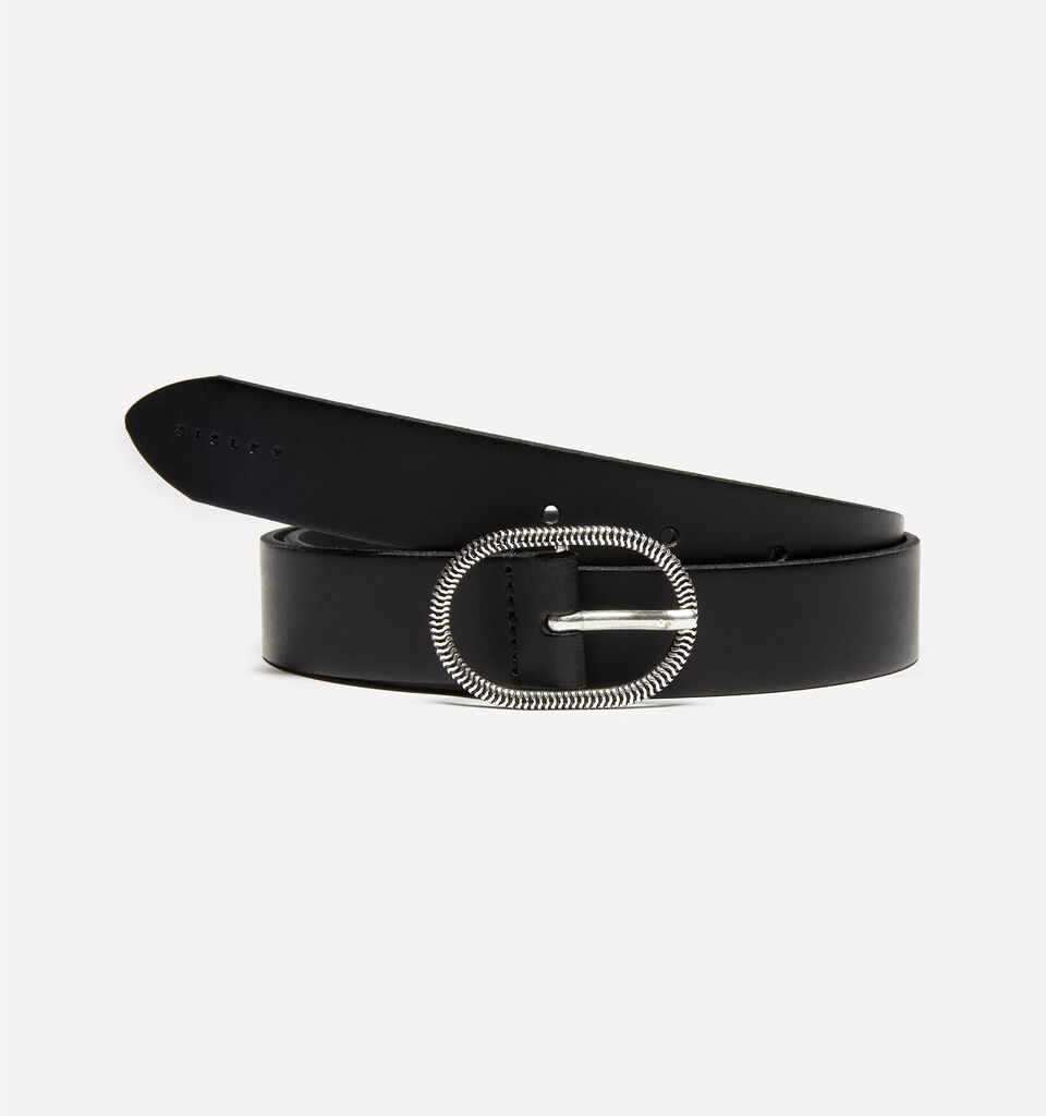 Black belt in leather with decorative buckle - women's belts - Black | Sisley image number 1
